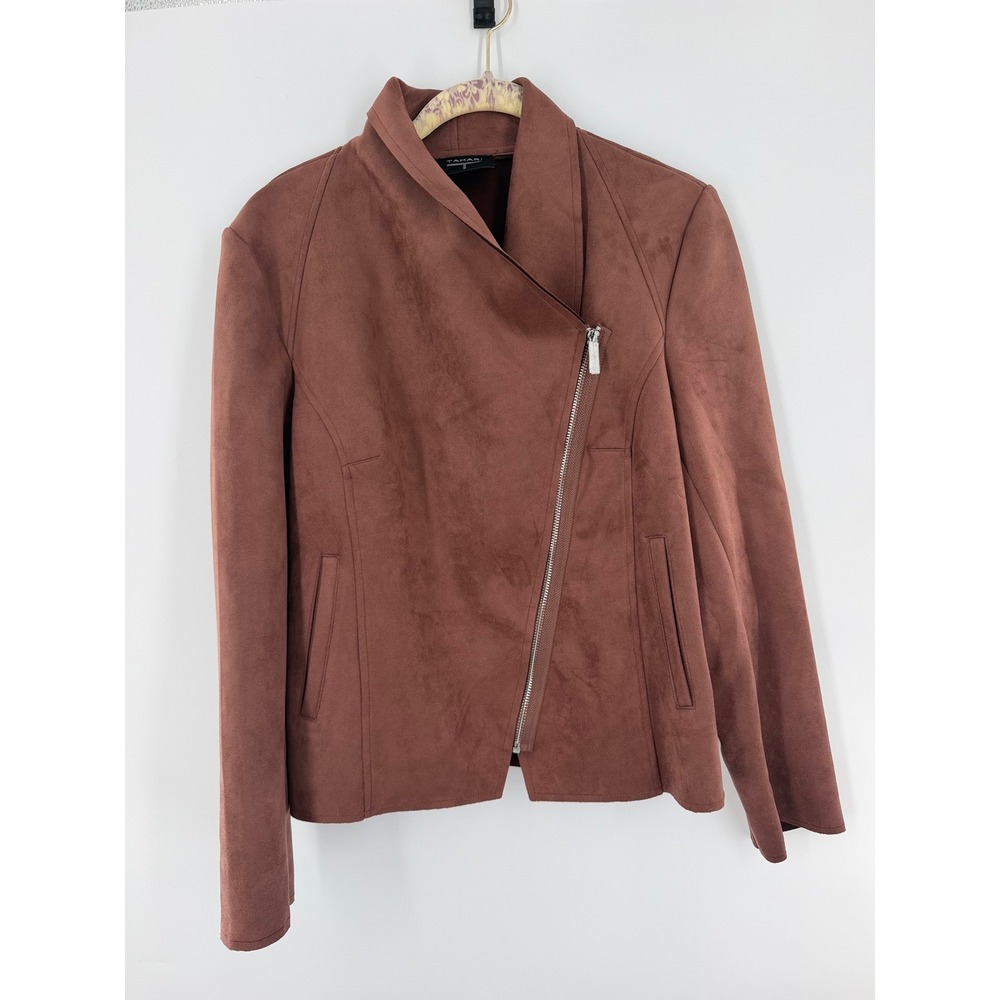 Tahari Mahogany Brown Faux Suede Moto Jacket Asymmetrical Zip Shawl Collar M